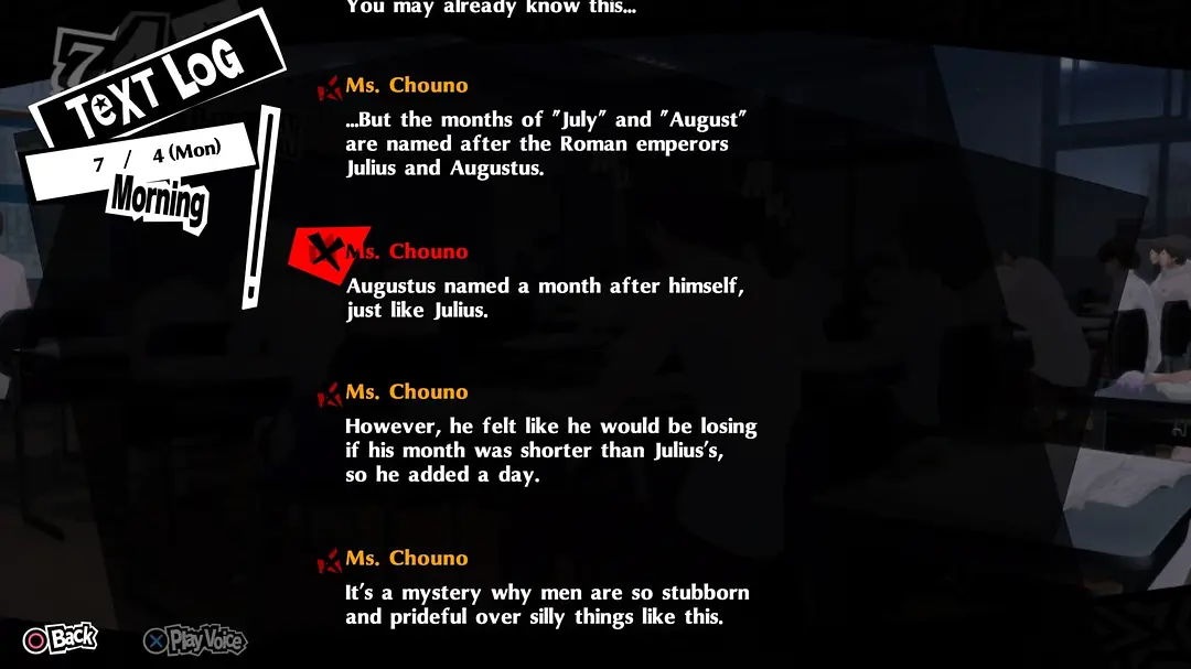 TEXT LOG：Ms. Chouno 讲 July 与 August 得名于 Julius 与 Augustus，以及 Augustus 给自己那个月加了一天