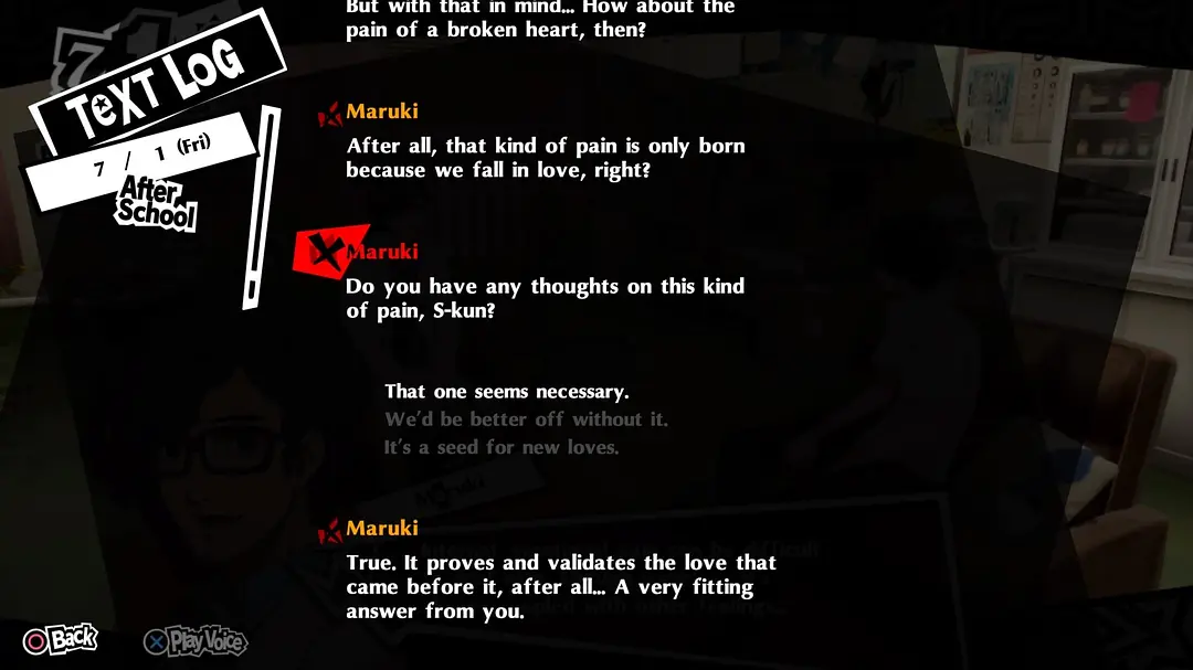 TEXT LOG:丸喜说 that kind of pain is only born because we fall in love, right? ... It proves and validates the love that came before it. A very fitting answer from you.