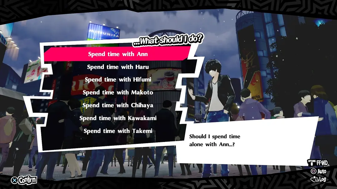 选单:What should I do? / Spend time with Ann、Haru、Hifumi、Makoto、Chihaya、Kawakami、Takemi