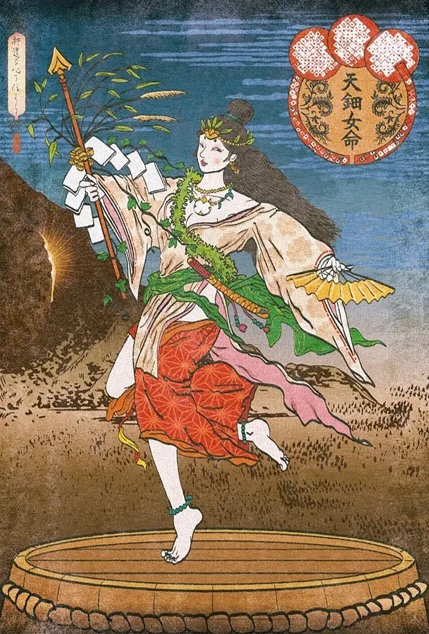 浮世绘风格的天钿女命,立于翻扣的木桶上起舞,右上角题「天鈿女命」