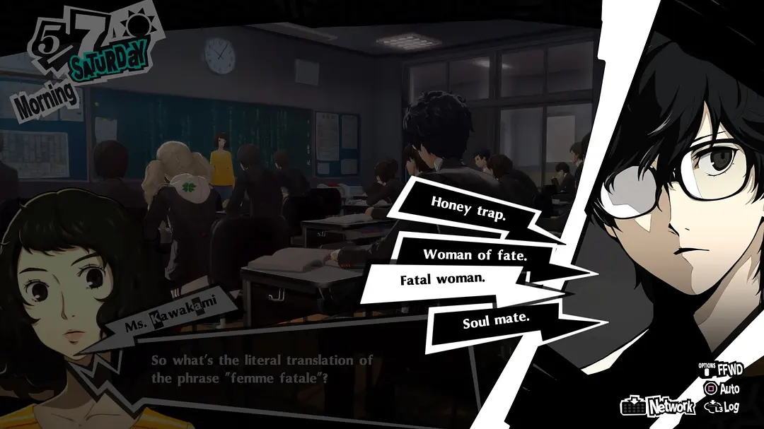 选项:Heavy trap / Woman of fate / Fatal woman / Soul mate——问的是 femme fatale 的字面翻译